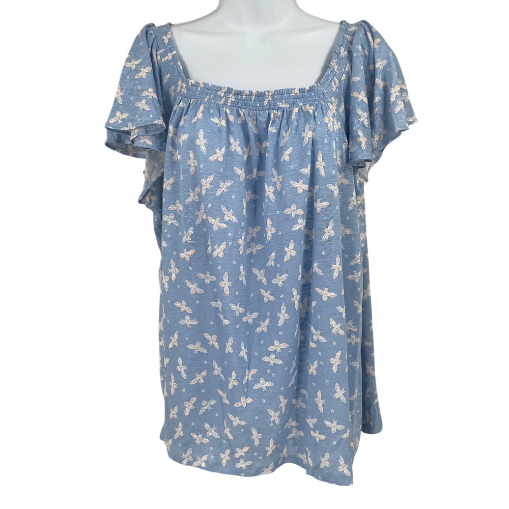 LOFT Top Women XL Blue Butterfly Floral Smocked Cottagecore Flowy Whimsical Airy